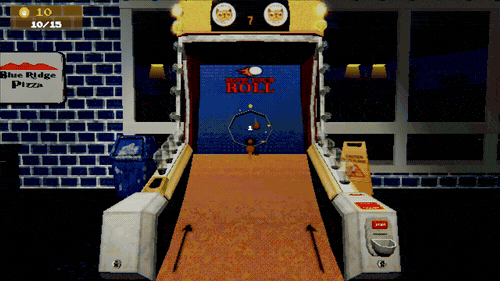 Ball roller gameplay: a ball rolls up the lane and tokens pour out
